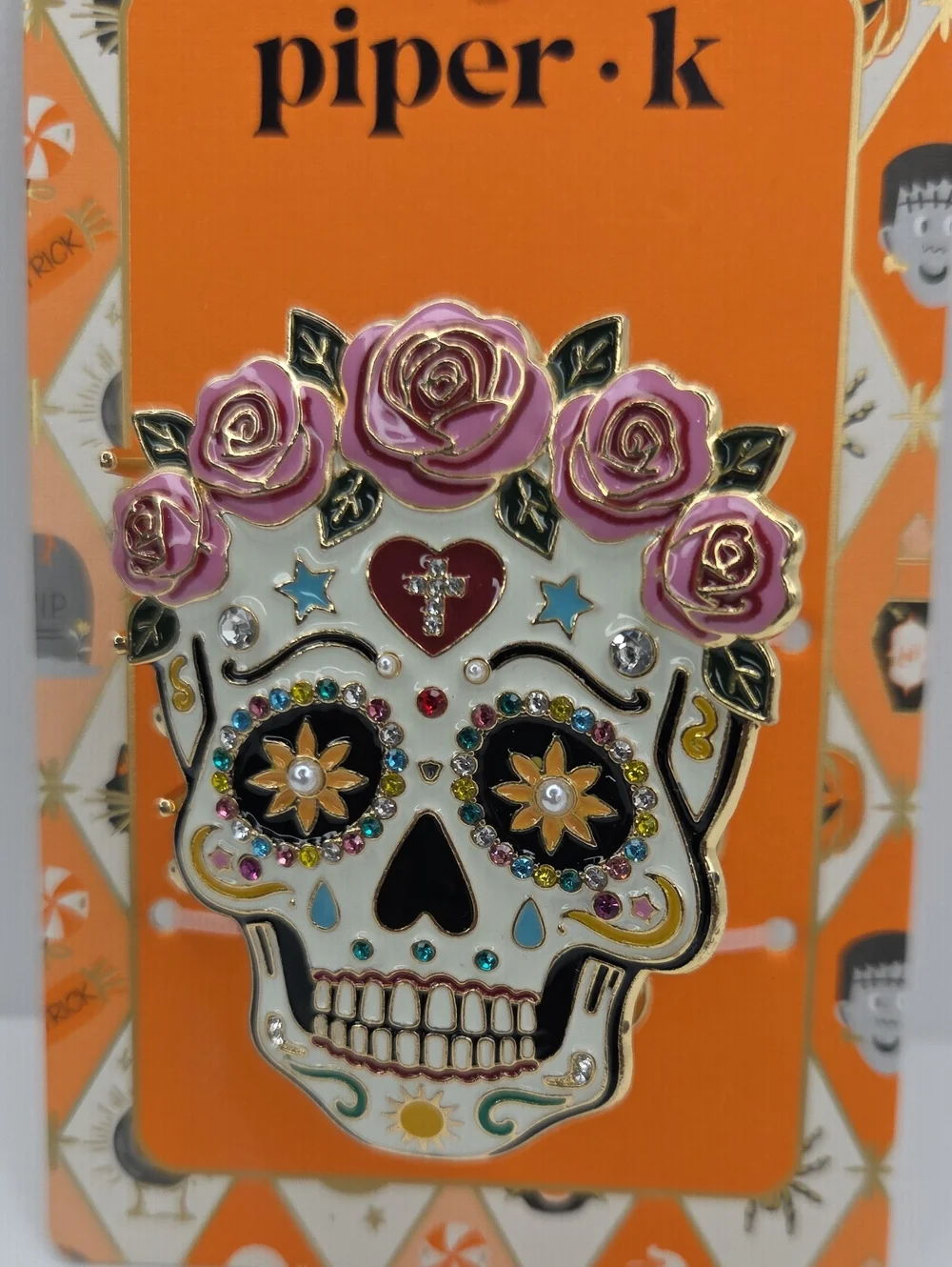 🤍▪️Piper k▪️ Sugar Skull  with Pink Rose Crown Hair Metal Claw Clip